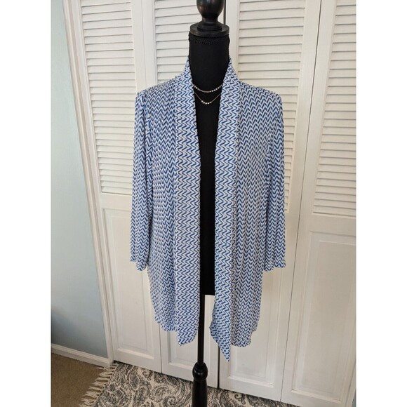 Chico's Cardigan Women's XL/3 Easy Wear Blue White Textured Open Front Chevron - Picture 1 of 11